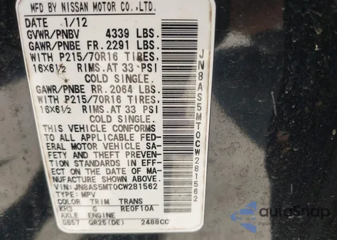 2012 Nissan Rogue S из США, поврежденный, VIN JN8AS5MT0CW281562